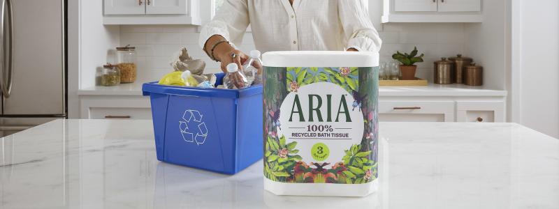 Georgia-Pacific is relaunching its ARIA® brand of bath tissue as a three-ply premium product made from 100% recycled fiber and wrapped in recyclable paper packaging. Photo: Georgia Pacific