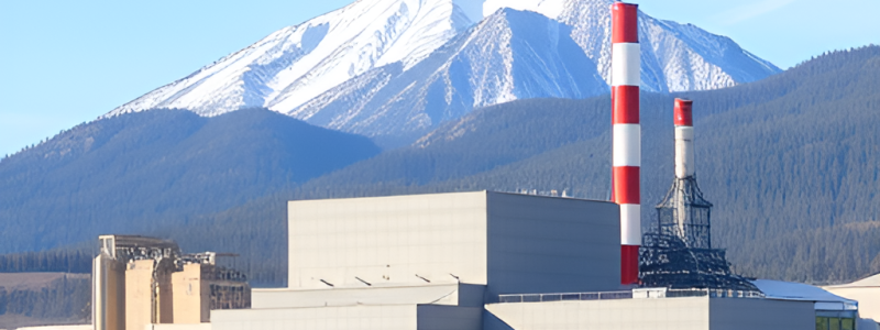 Modern pulp mill with mountain in the background.
