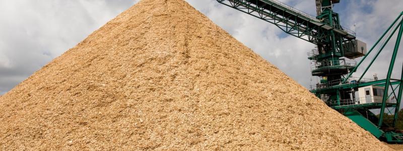 Photo of wood chips in Plymouth Mill woodyard, with chips exiting the chipper machine. Photo: Domtar