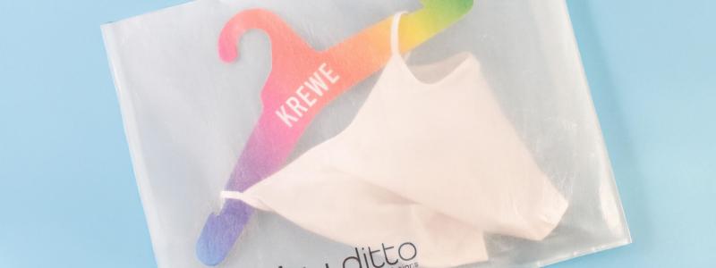 Vela, an award-winning alternative to single-use plastic. Here, a Vela bag is paired with a paper fiberboard hanger from Ditto Hanging Solutions, a subsidiary of Nexgen Packaging. Photo: Ditto Hanging Solutions/Nexgen Packaging