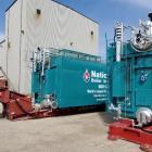 These mobile package watertube boilers are each fully piped and wired and come equipped with a VFD-controlled forced draft fan, an EconoStak™ economizer, and all necessary safety and operational components. Photo: Nationwide Boiler