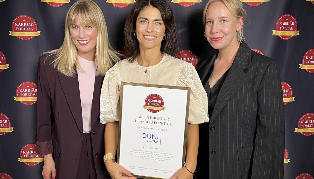 Each year, Karriärföretagen awards prizes to Sweden's most attractive employers. Duni Group won the Employer Branding Company of the Year in the economists category and was also nominated for Career Company of the Year. Photo: Duni Group
