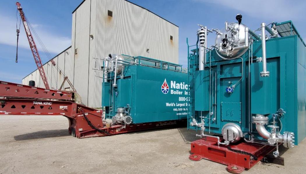 These mobile package watertube boilers are each fully piped and wired and come equipped with a VFD-controlled forced draft fan, an EconoStak™ economizer, and all necessary safety and operational components. Photo: Nationwide Boiler