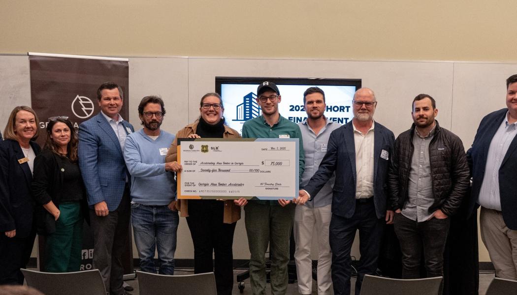 From left: Jason Reynolds and Laura Cullen, Woodworks; Gloria Camacho and Tim Lowrimore, GFF; John Henson, Welborn Henson (501 Edgewood Developer); Jennifer Rao, Chattahoochee Nature Center; Josef Bromovsky, Algoma (1500 Waters); Amerigo Contini, Ace Real Estate (1500 Waters); Tim Nichols and Steven Fisher, NO Architecture (501 Edgewood); and Matt Hestad, GFF. Photo: Georgia Forestry Foundation