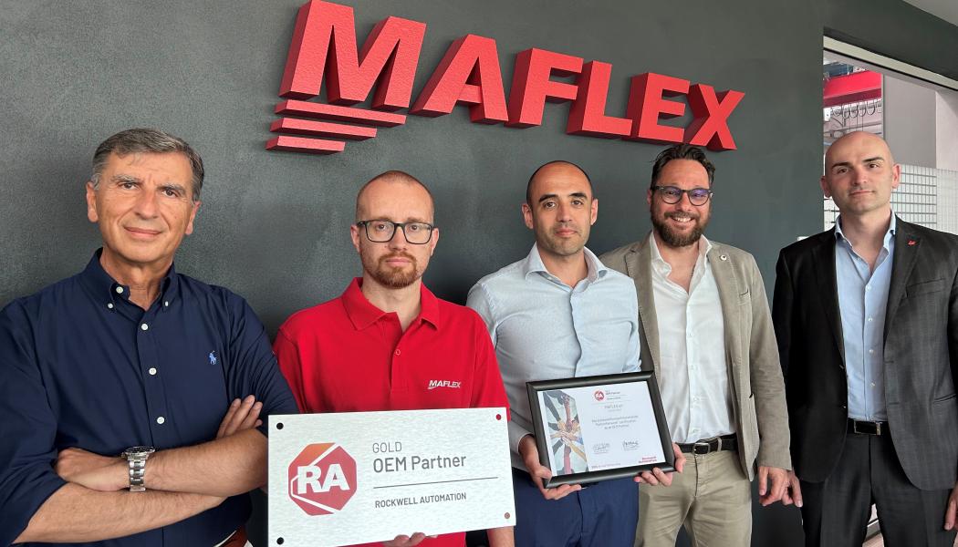 The picture from left: Massimo Ciapetti, Sales Manager OEM Rockwell Automation Marco Lorenzetti, Software Engineering Supervisor Maflex. Francesco Petrucci, Purchasing Supervisor Maflex Edoardo Sacchetti, ACM OEM Rockwell Automation Luca Mazzotti General Manager Maflex. Photo: Maflex