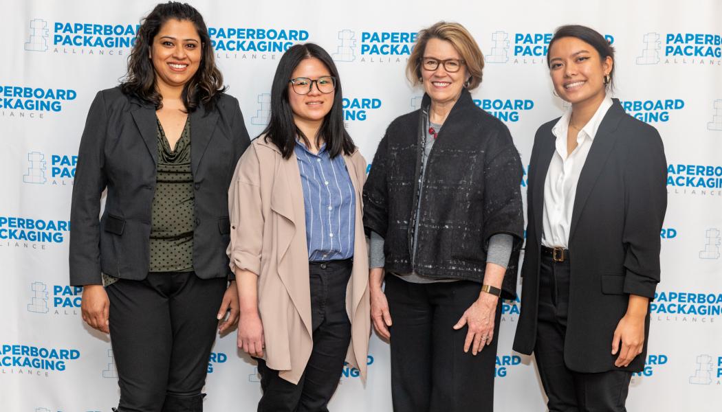 Photo of people from left to right are: Ankita Ghosh (FIT), Claudia Natasha (FIT), Heidi Brock (President and CEO of AF&PA), and Jessica Vergel (FIT). Photo: AF&PA