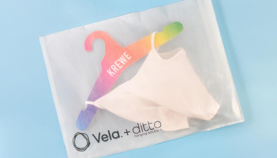 Vela, an award-winning alternative to single-use plastic. Here, a Vela bag is paired with a paper fiberboard hanger from Ditto Hanging Solutions, a subsidiary of Nexgen Packaging. Photo: Ditto Hanging Solutions/Nexgen Packaging 