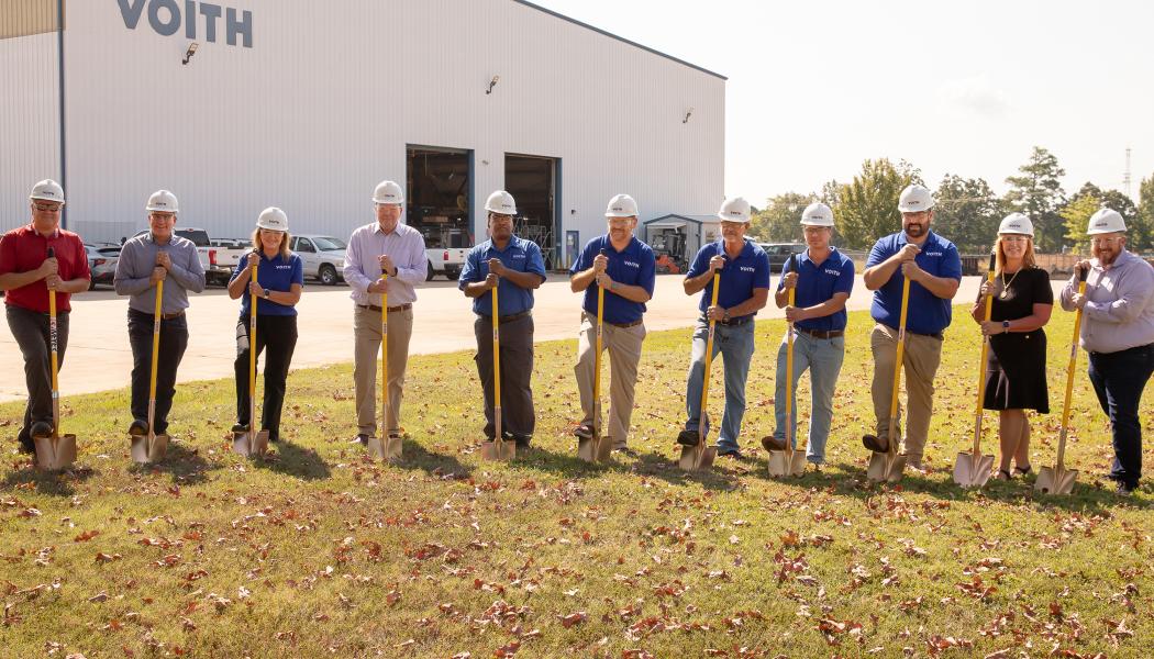 Voith is breaking ground on a multi-million-dollar expansion and modernization project at its roll service center in West Monroe, Louisiana. (From left to right: Jerad Wilson, Senior Vice President, CR Meyer; Jeff Berg, Chief Operation Officer FRS, Voith Paper; Sherry Bohannon, Manager of Engineering, Voith Paper North America; David Buchanan, President FRS North America, Voith Paper; Jamon Weathersby, Painter Mechanical Shop, Voith Paper; Adam Leach, Area Manager, Maintenance, Voith Paper; Doug Garsee, Supervisor of Production, Mechanical Shop, Voith Paper; Ethan Barr, Cover Shop Lead, Voith Paper; Omar Salinas, Poly Cast Technician Cover Shop, Voith Paper; Mayor Staci Albritton Mitchell; Kris Kelley, Executive Director, West Monroe Chamber of Commerce). Photo: Voith