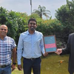 Energy Drive’s David Classens presents Buckman South Africa’s Mukesh Ramatar, Plant Manager, and Rolf Breidenbach, General Manager, with a milestone achievement certificate. The certificate was awarded in recognition of Buckman surpassing 4.0M kWh of energy saved. Photo: Buckman