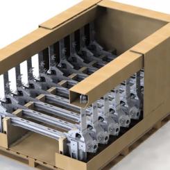 The fibre-based packaging is designed to replace metal containers in the transport of automotive chassis components. Photo: DS Smith Tecnicarton