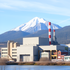 Modern pulp mill with mountain in the background.
